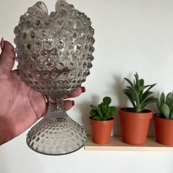 Duncan Miller Hobnail Clear Glass Ivy Bowl /Rose Ball Pedestal Vase Crimped Top - Picture 8 of 12
